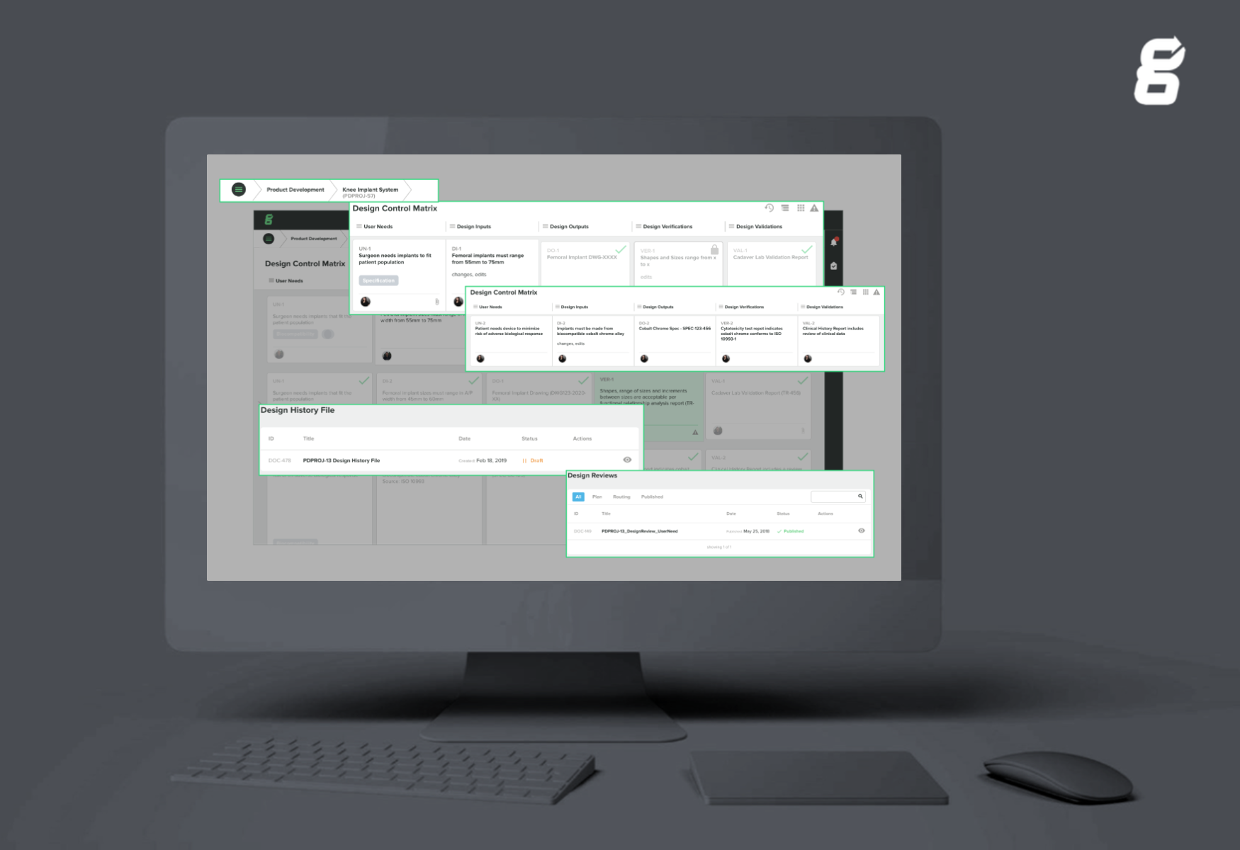 Design control traceability matrix in Greenlight Guru's MDQMS software